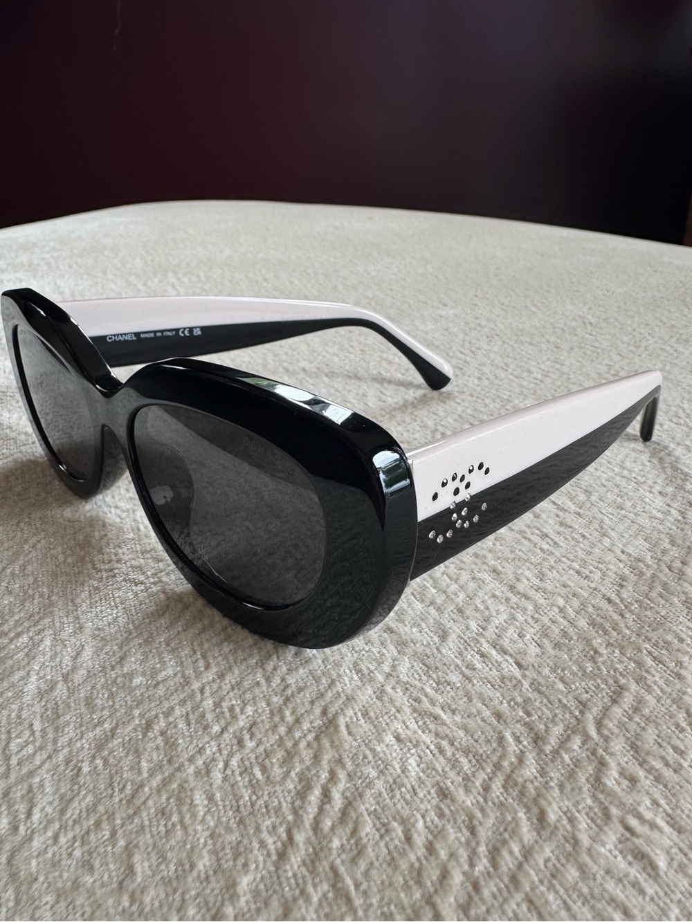 CHANEL 2 Tone / Black and White Oval Sunglasses with Rhinestone Accent Authentic